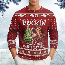 Red Cowboy Christmas Ugly Sweater Horse Rider Western Theme Xmas Pullover