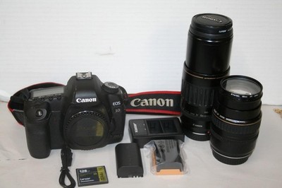 Canon EOS 5D Mark II DSLR Kit w/ 28-105 & 100-300 USM Lenses 128GB CF 2 Battery