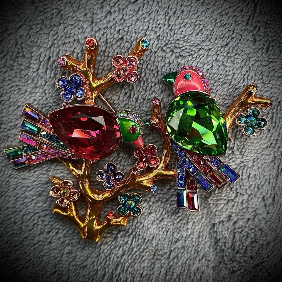 Butler & Wilson - Brooch - Crystal Birds on Branch - Gold Pink Green Tone - 3” - Image 2 of 4