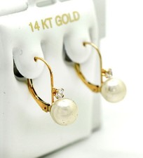 GENUINE 7 mm WHITE PEARLS  DIAMOND EARRINGS 14K GOLD - Made in USA