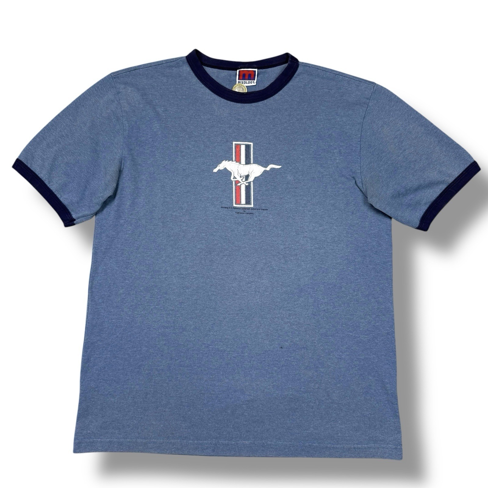 Vintage 90s Ford Mustang Ringer Tee Blue Logo Mens Size M Official Trademark