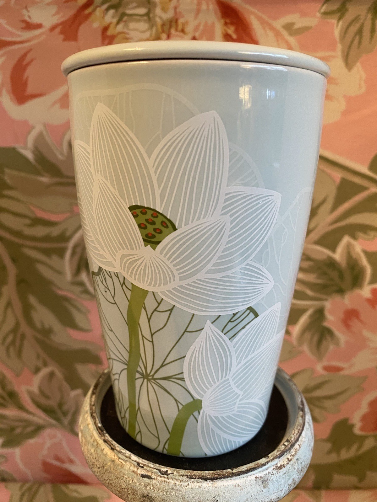 TEA FORTE LOTUS FLOWER TALL MUG WITH LID PORCELAIN