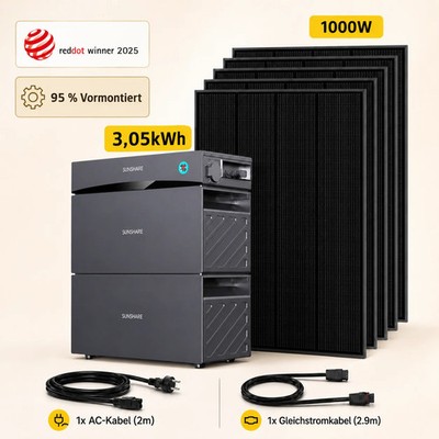 Sunshare Glory 1000Wp 3,05kWh Speicher Balkonkraftwerk | Glasbalkon