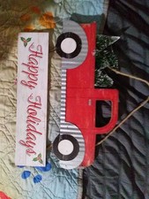 Christmas Red Truck Happy Holidays Hanging Decor Tree Wood