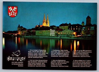 Postcard 1970s Regensburg Germany Night View Cathedral Danube River Song Lyrics
