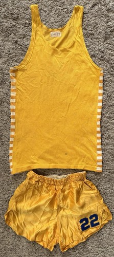 1940s Gold Satin Basketball Track Sports Gym Shorts & Tank Top Jersey Set