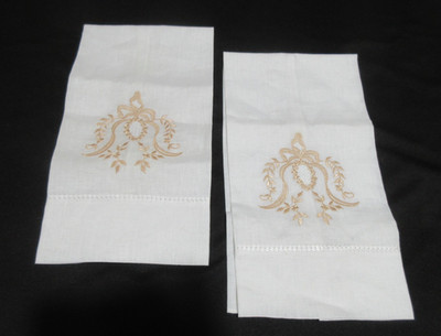 NOS Lot of 2 Vintage Irish Linen Tea Hand Towel Ivory w/ Pale Pink Embroidery