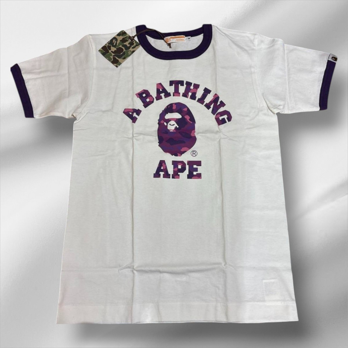A Bathing Ape BAPE College Logo Trim T-Shirt White Purple Cotton M 