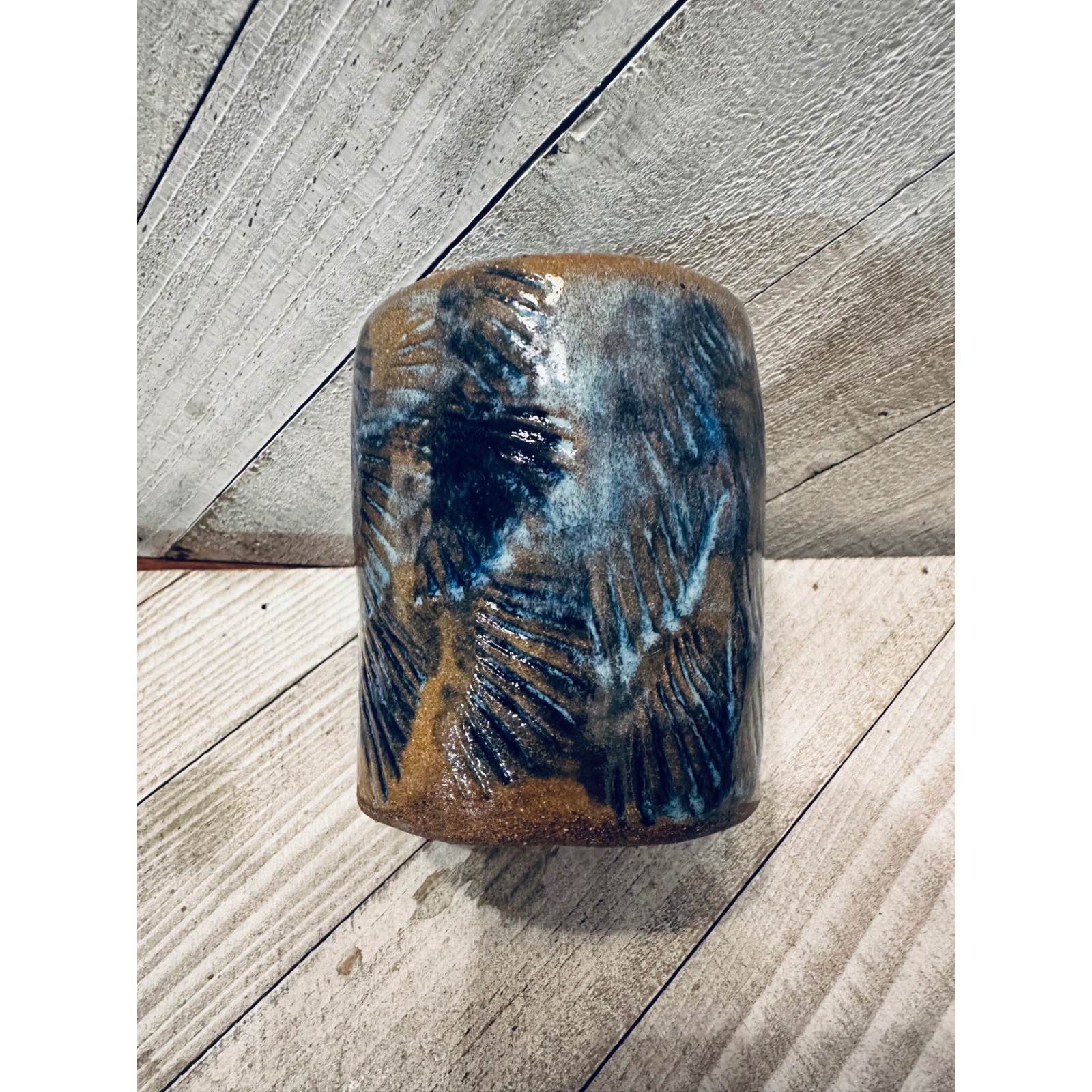 Handmade Pottery Vase Signed Yess Young Blue Brown Glazed Art Decor