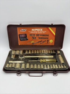 Vintage 40 Piece Ludell 1/4'' & 3/8  SAE & Metric Combo Socket Set w Metal Case