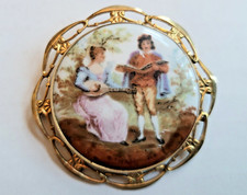 1940s Brooch Pin Limoges Style Porcelain Romantic Scene 12K Gold Filled Vintage