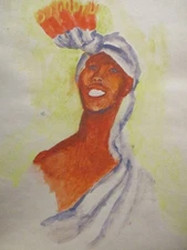 MCM Gouache Painting Andre Delfau Abstract Modernist Asian Male Figure Portrait