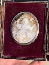 Silver carved shell cameo brooch rare Victorian boxed