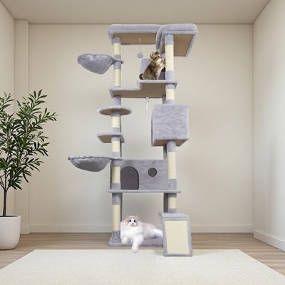 84.6 in Light Gray Cat Tree Tower with Wide Base, 3 Large Hinding Condo, 11 Sisa