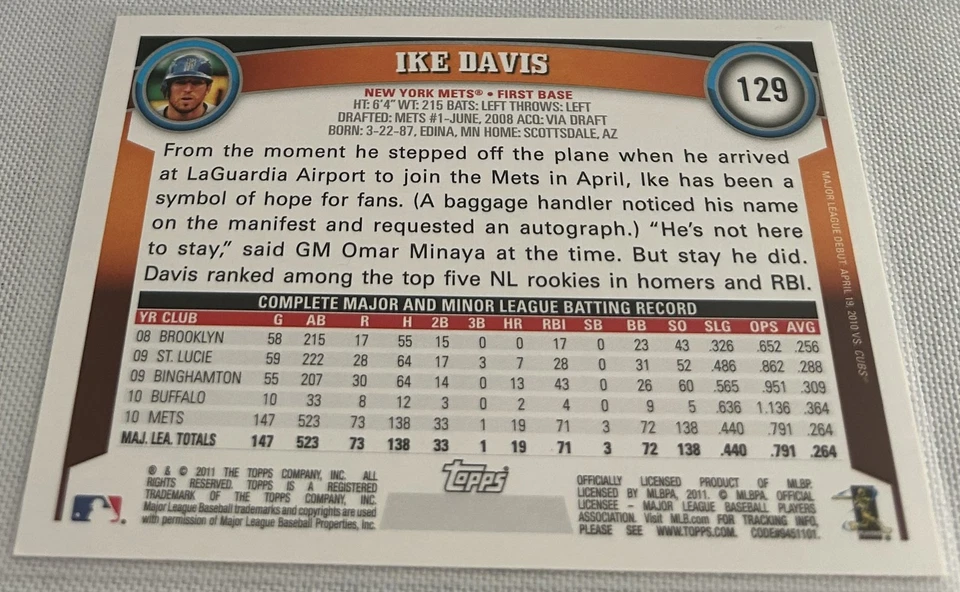 2011 Topps Opening Day Baseball Ike Davis New York Mets base card #129 - Image 2 of 2