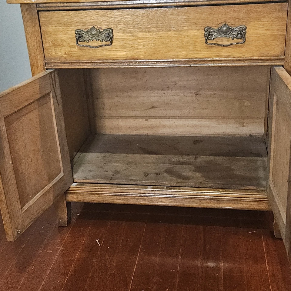 Antique Oak Dry Sink Cabinet w/ Towel Bar, Brass Pulls, Farmhouse Washstand - Image 3 of 4