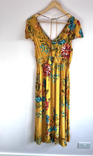 Joe Browns Mustard Floral Midi Dress Size 14 Tie Back V Neck Gathered Waist