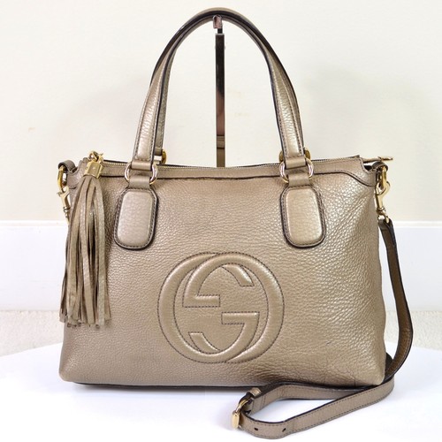 Gucci Soho Gold Metallic Pebbled Leather 2Way Satchel Shoulder Bag Purse Handbag