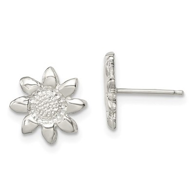 Sterling Silver Polished & Textured Sunflower Post Earrings Womens Garden