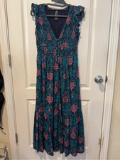 Anthropologie Teal Maxi Dress with Pink Floral Print