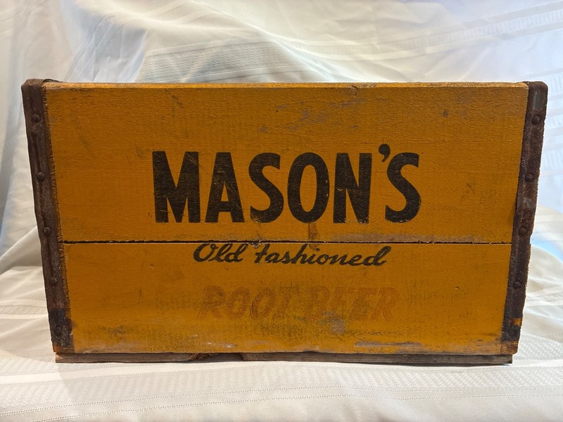 Vintage 60s Masons Root Beer bottles and wooden crate 10oz amber glass.