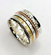 Multicolor 925 Sterling Silver Spinner Ring Handmade Three Tone Fidget Band sz 9