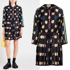 GUCCI DRESS HOODED PLEATED PIKARAR PRINT TWILL SILK $4,300 sz L / LARGE