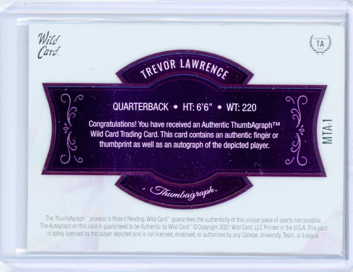 2021 Wild Card Matte TREVOR LAWRENCE Thumbagraph AUTO Autograph RC