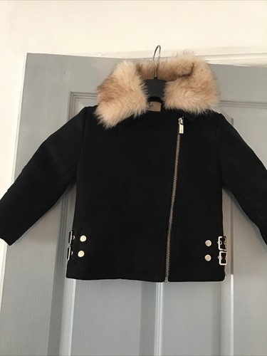 RIVER ISLAND MINI 3-4 YEARS BLACK FAUX SUEDE BIKER JACKET DETACHABLE FUR HOOD - Picture 2 of 10