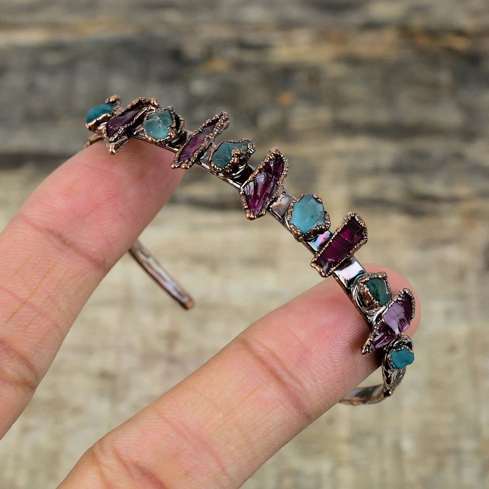 Brazalete ajustable electroformado áspero aguamarina hecho a mano cobre ropa de fiesta Foto 4 de 4