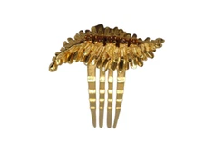Gold Tone Red Rhinestone Textured Feather Hair Comb Vintage
