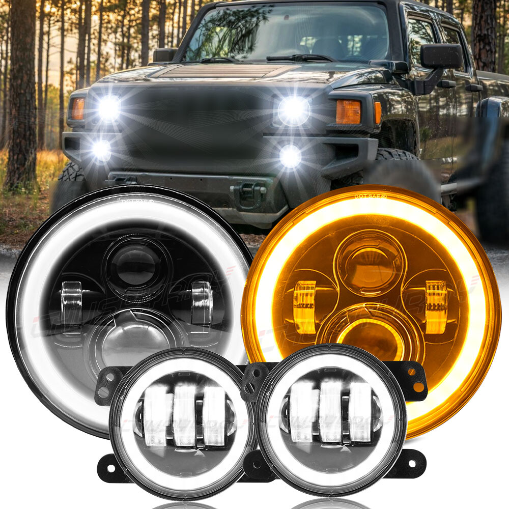 RIDROID 7 Inch Halo LED Headlights & 4 Fog Light Combo Kit For Hummer H2 / H3T (06-10) – Black Housing, 6500K