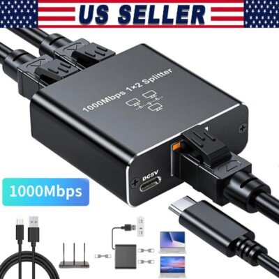 RJ45 Gigabit Ethernet Splitter 1000Mbps LAN Network Internet 1 to 2 Out Adapter