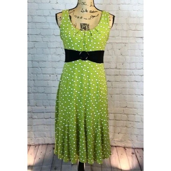 Perceptions Petite Dress Green White Polka Dots Belt empire Waist