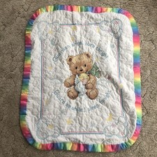 Cross Stitch Baby Blanket Crib Quilt Guardian Angel Bear Handmade Rainbow