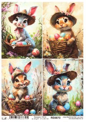 Reispapier A4 Strohseide Decoupage Oster lustige Hasen Comic Hut Kinder RE6870