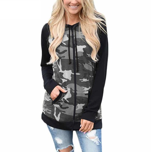 Plus Size Women Camo Zip Up Hoodies Ladies Sweatshirt Fleece Jackets Hooded Tops - Picture 1 of 3