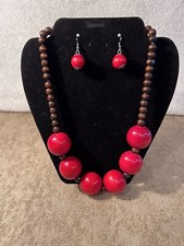 Chunky Solid Red Wooden Beaded Necklace Earrings