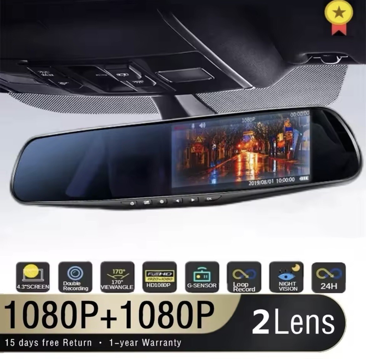 Dash Cam Fotocamera Auto Specchietto Retrovisore Doppia Lente 1080p Dvr Auto 4.3 - Immagine 1