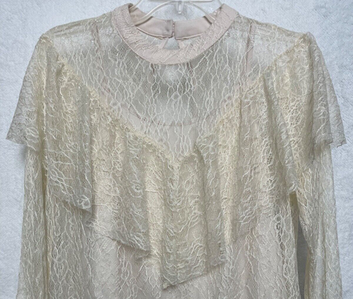 Mossimo Women Top Medium Ivory 3/4 Sleeve Lace Overlay Ruffle Peasant Boho Blous - Picture 7 of 12