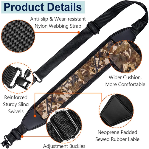 Camouflage Two Point Rifle Gun Sling With Swivels Shoulder Padded Hunting Strap - Picture 2 of 11