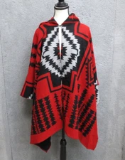 Parsley & Sage Poncho Cape Womens OS Red Southwestern Aztec Boho Hooded Wrap