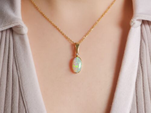 Verde Naranja' Rare Solid Crystal Opal & Diamond 14K Gold Pendant 9.65ct M49 - Picture 2 of 7