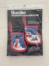 Bucilla CrossStitch Pair Mini Stocking Ornaments SNOWMAN  COTTAGE Kit 48790 Vtg