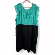 Chelsea Studio Women's Black and Teal Print Ruffle Detail Dress w/Pockets Sz 4X