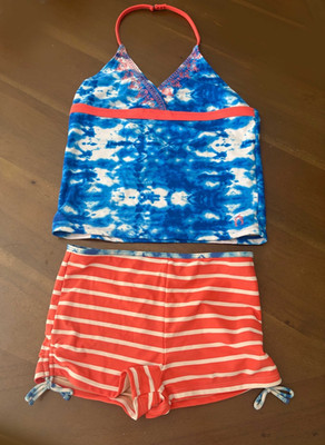 CABANA LIFE Girls Size 10 Halter Bikini Set Tie-Dye & Striped Boy Shorts EUC