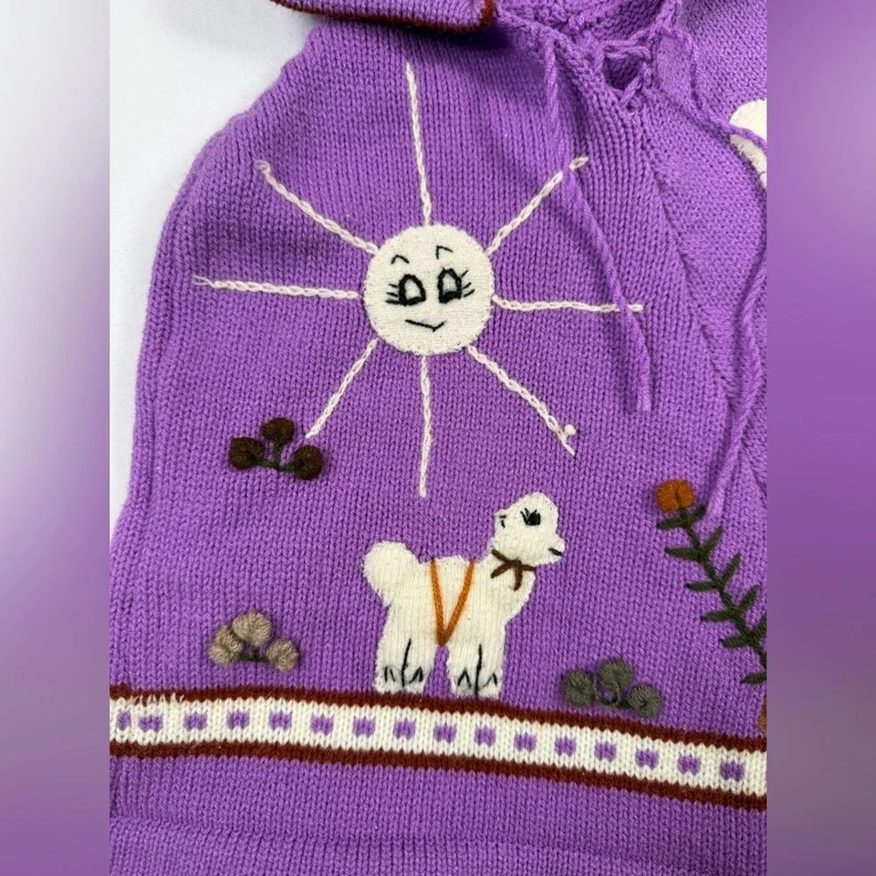 Poncho tejido con capucha para niñas 2T-4T púrpura bordado animales flecos caprichoso boho Foto 3 de 4