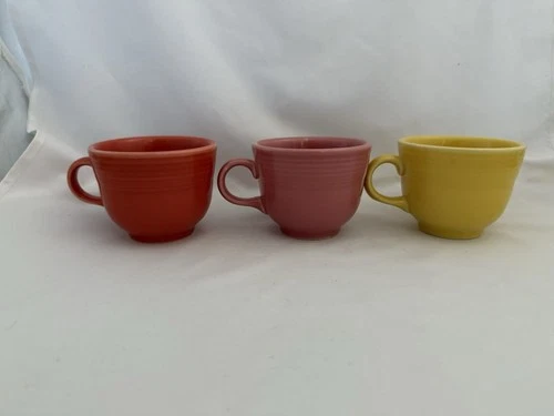 Fiestaware 3 Tea Cups Red Pink Yellow Mug Genuine USA Coffee Fiesta Read