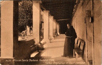 Mission Santa Barbara 1909 Postcard Father Reyrnarius Corridor Sepia Arcade