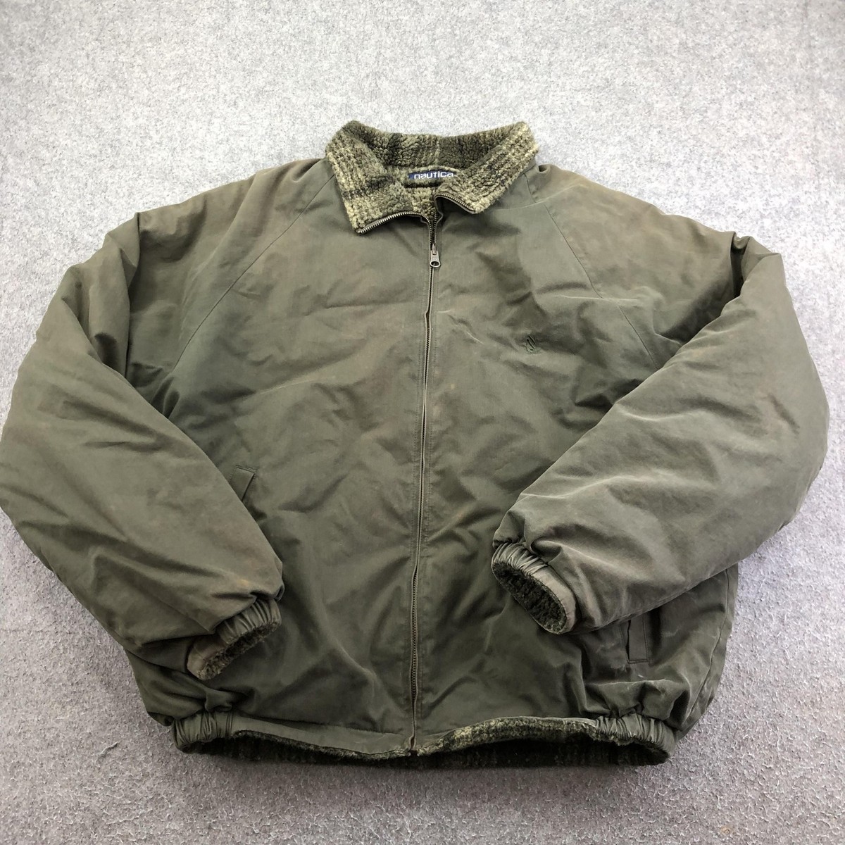 Vintage Nautica Jacket Mens XL Green Reversible Fleece Bomber Full